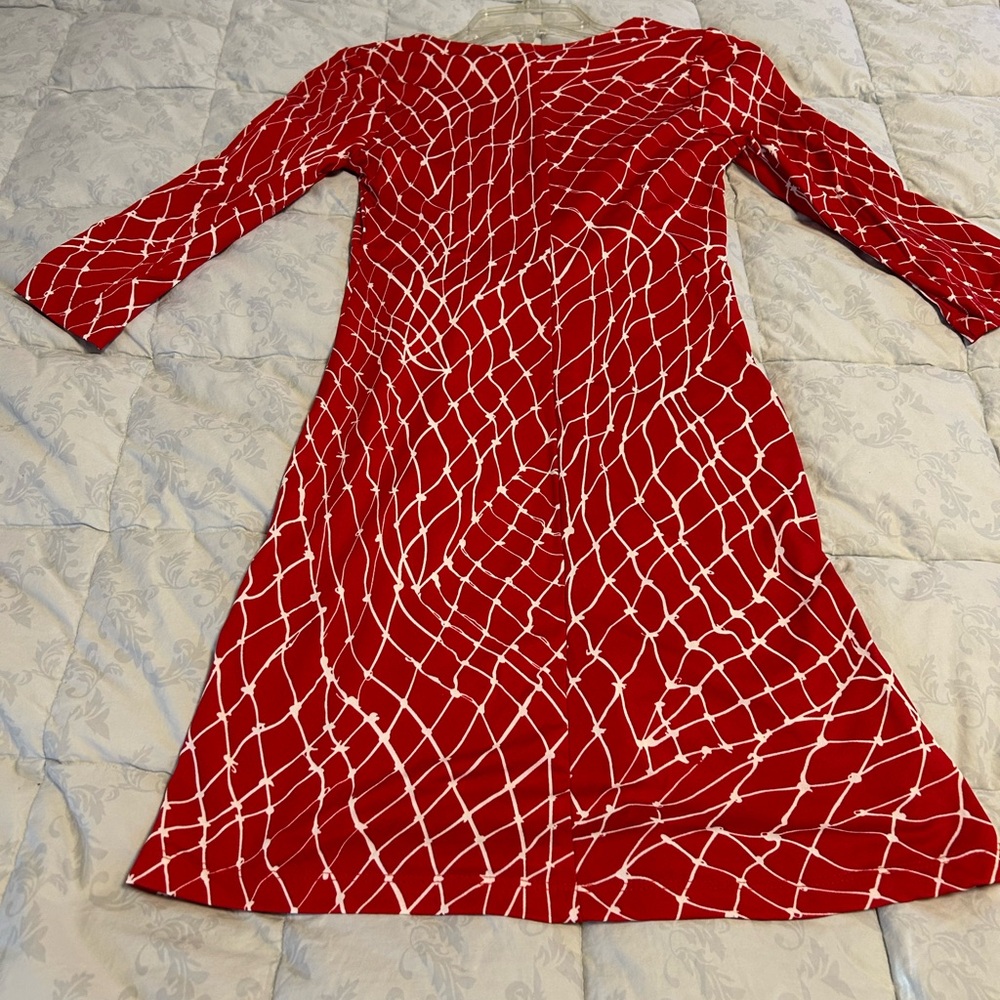 Red 3/4 Sleeve A-Line Dress with White Abstract Web Print